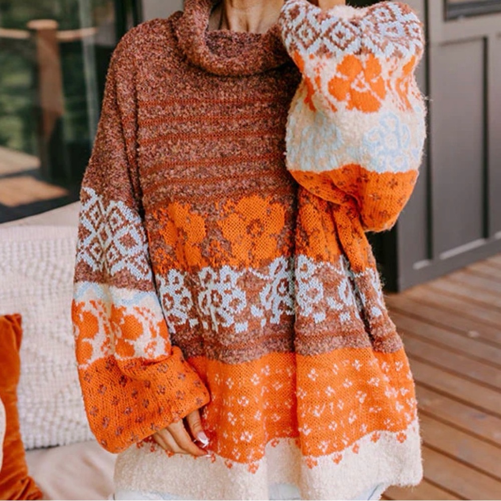 Fate Brown and Orange Floral Pattern Sweater - Picture 5 of 5